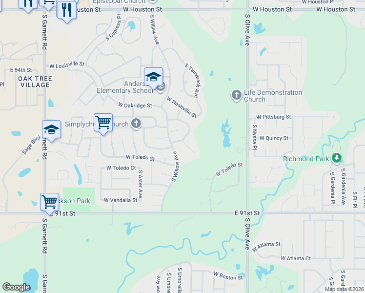 map of restaurants, bars, coffee shops, grocery stores, and more near 1805 South Willow Avenue in Broken Arrow