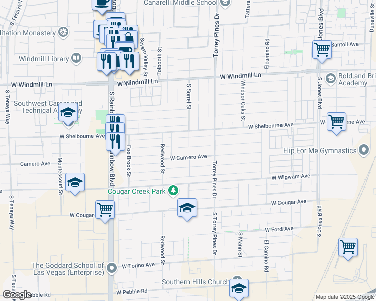 map of restaurants, bars, coffee shops, grocery stores, and more near 6607 West Musette Avenue in Las Vegas