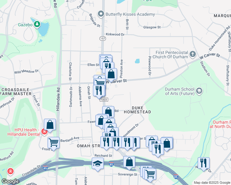 map of restaurants, bars, coffee shops, grocery stores, and more near 2632 Lombard Avenue in Durham