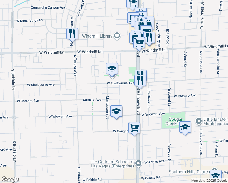 map of restaurants, bars, coffee shops, grocery stores, and more near 7054 Sunland Hills Avenue in Las Vegas