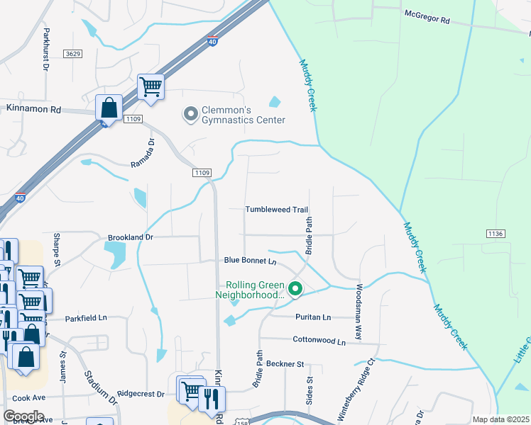 map of restaurants, bars, coffee shops, grocery stores, and more near 6070 Tumbleweed Trail in Winston-Salem