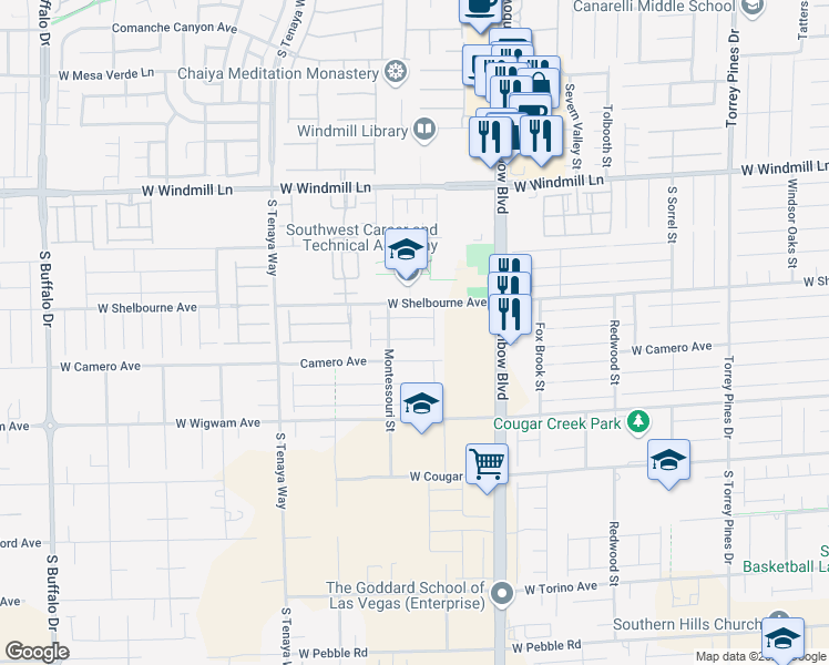 map of restaurants, bars, coffee shops, grocery stores, and more near 7054 Sunland Hills Avenue in Las Vegas