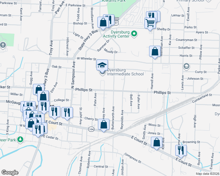 map of restaurants, bars, coffee shops, grocery stores, and more near 819 Phillips Street in Dyersburg