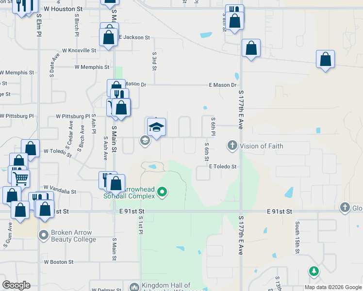 map of restaurants, bars, coffee shops, grocery stores, and more near 1721 South 4th Street in Broken Arrow