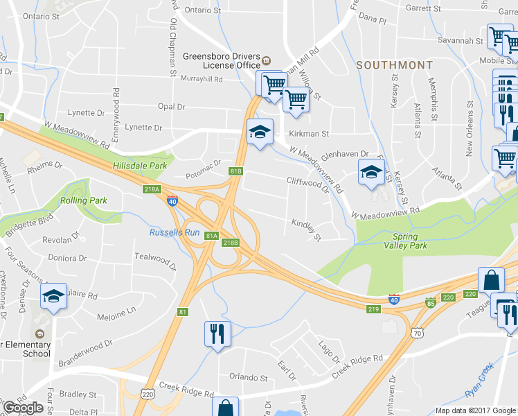 map of restaurants, bars, coffee shops, grocery stores, and more near 1518 Kindley Street in Greensboro