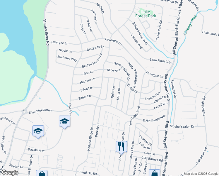 map of restaurants, bars, coffee shops, grocery stores, and more near 133 Berele Shepsele Lane in La Vergne