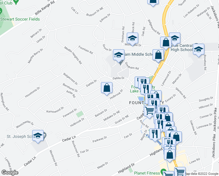 map of restaurants, bars, coffee shops, grocery stores, and more near 2615 Fenwood Drive in Knoxville
