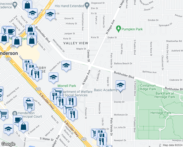 map of restaurants, bars, coffee shops, grocery stores, and more near 601 Cabrillo Circle in Henderson
