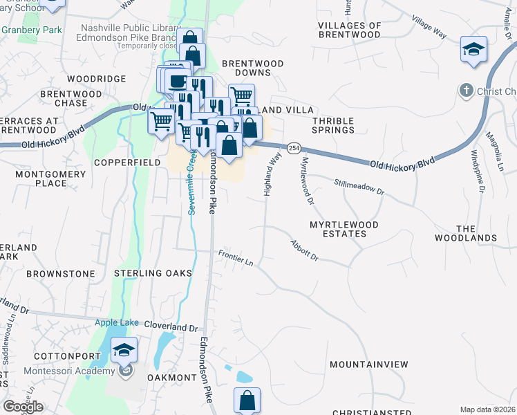 map of restaurants, bars, coffee shops, grocery stores, and more near 5629 Highland Way in Nashville