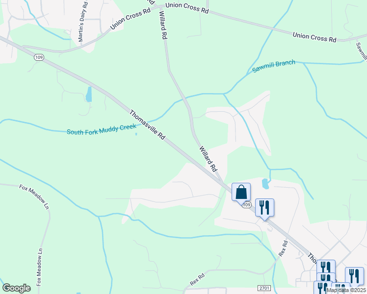 map of restaurants, bars, coffee shops, grocery stores, and more near 4255 Thomasville Rd in Winston-Salem