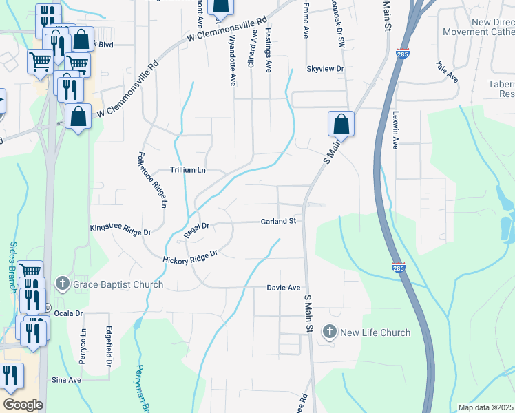 map of restaurants, bars, coffee shops, grocery stores, and more near 124 Avondale Street in Winston-Salem