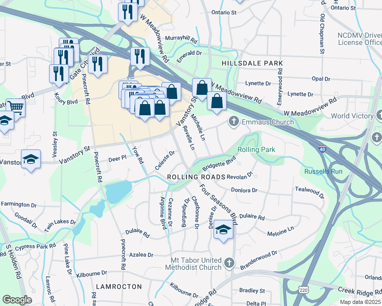 map of restaurants, bars, coffee shops, grocery stores, and more near 2224 Revelle Lane in Greensboro
