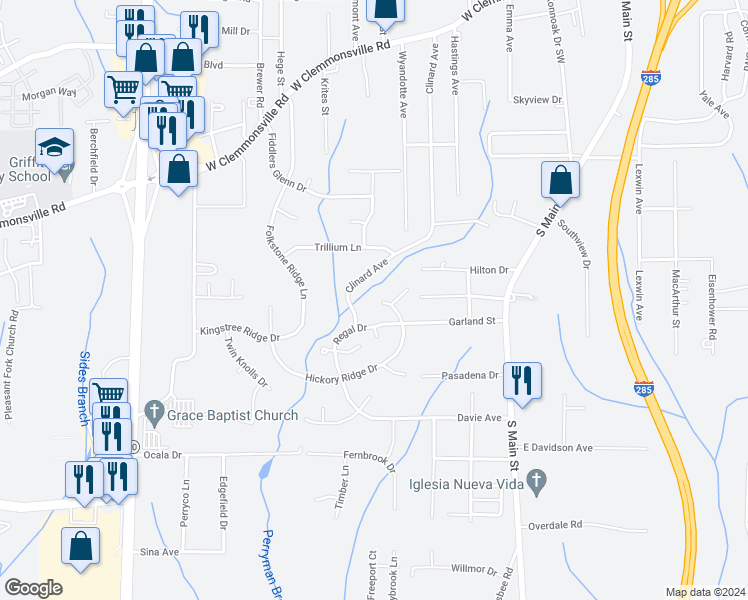 map of restaurants, bars, coffee shops, grocery stores, and more near 3236 Hickory Ridge Drive in Winston-Salem