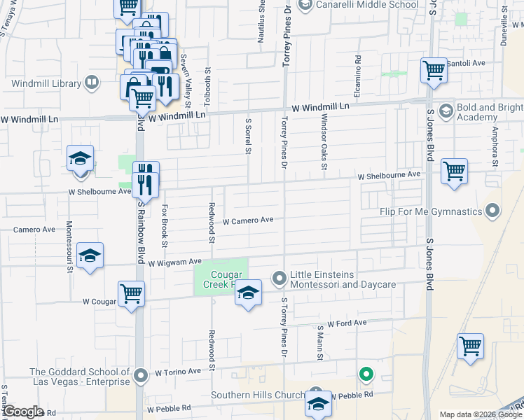 map of restaurants, bars, coffee shops, grocery stores, and more near 6571 West Camero Avenue in Las Vegas