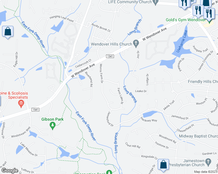 map of restaurants, bars, coffee shops, grocery stores, and more near 4400 Barndale Court in Jamestown