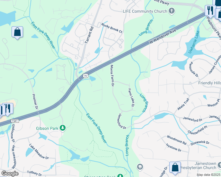 map of restaurants, bars, coffee shops, grocery stores, and more near 2503 Riverbend Road in Jamestown