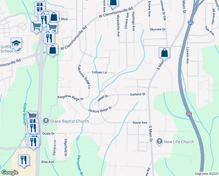 map of restaurants, bars, coffee shops, grocery stores, and more near 3236 Hickory Ridge Drive in Winston-Salem