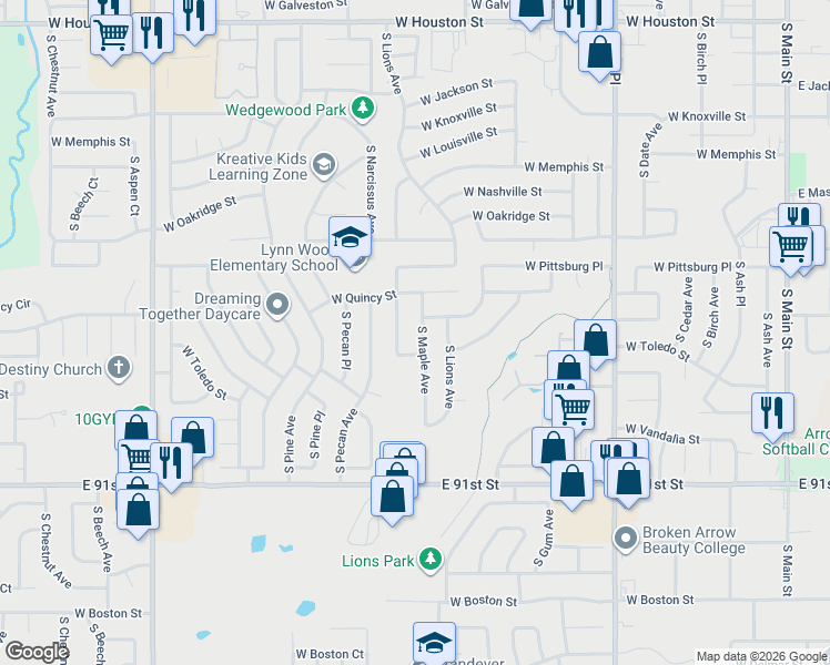 map of restaurants, bars, coffee shops, grocery stores, and more near 1716 South Maple Avenue in Broken Arrow