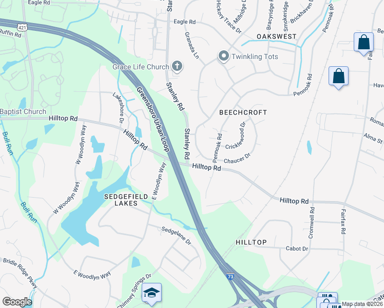 map of restaurants, bars, coffee shops, grocery stores, and more near 5 Wakerobin Court in Greensboro