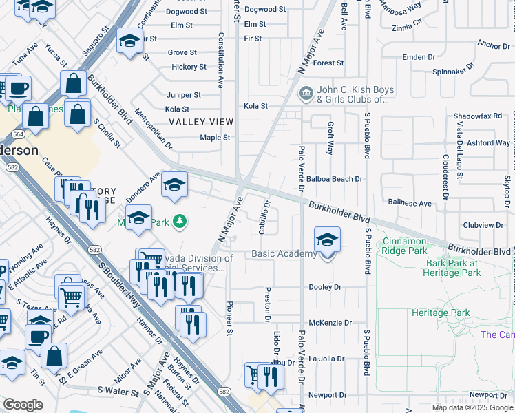 map of restaurants, bars, coffee shops, grocery stores, and more near 601 Cabrillo Circle in Henderson
