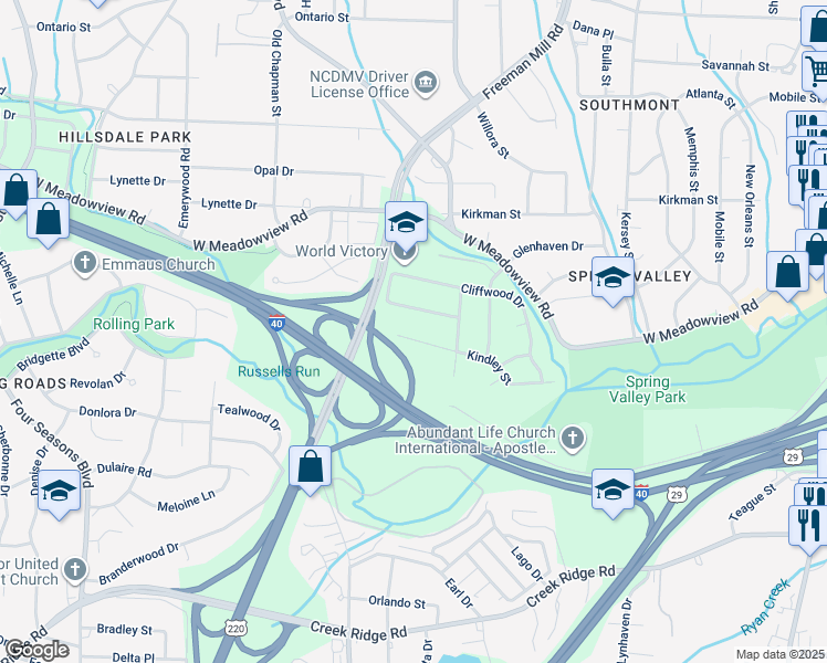 map of restaurants, bars, coffee shops, grocery stores, and more near 1518 Kindley Street in Greensboro