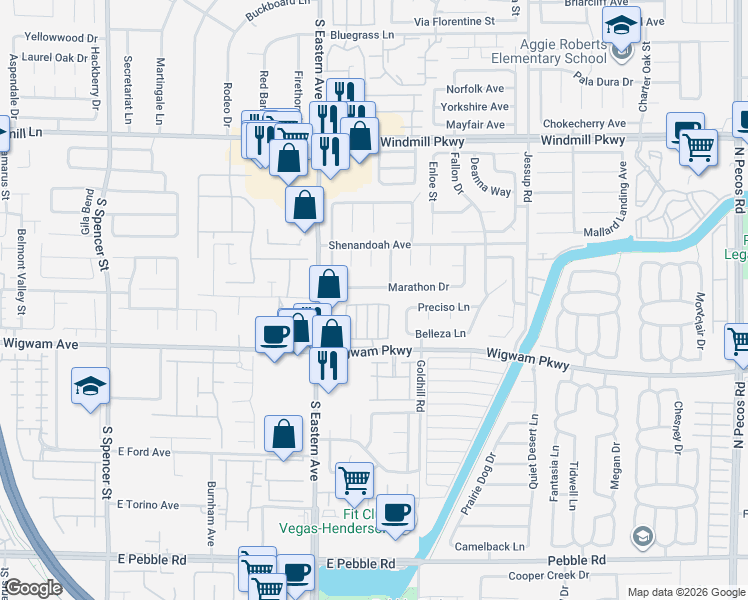 map of restaurants, bars, coffee shops, grocery stores, and more near 112 Gooseberry Lane in Henderson