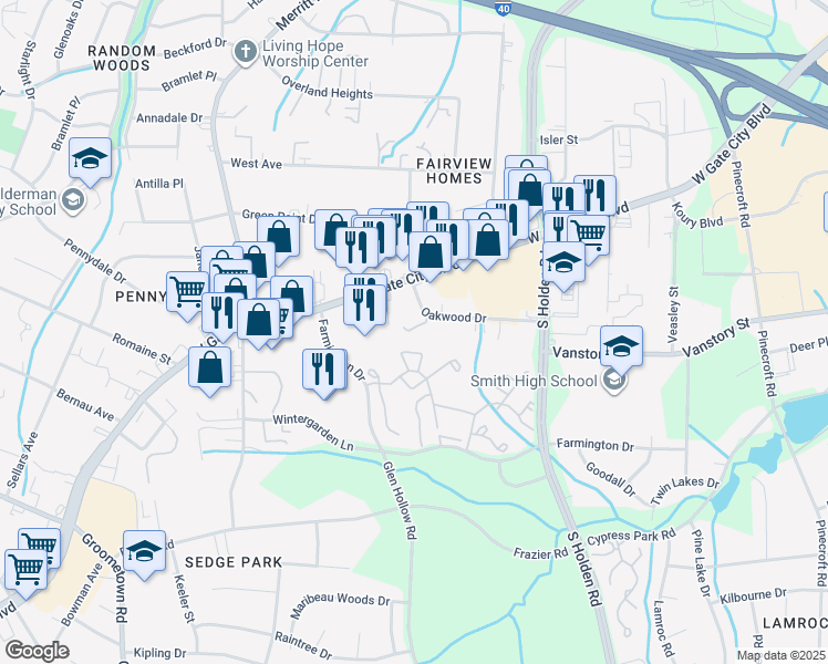 map of restaurants, bars, coffee shops, grocery stores, and more near Idol Court in Greensboro