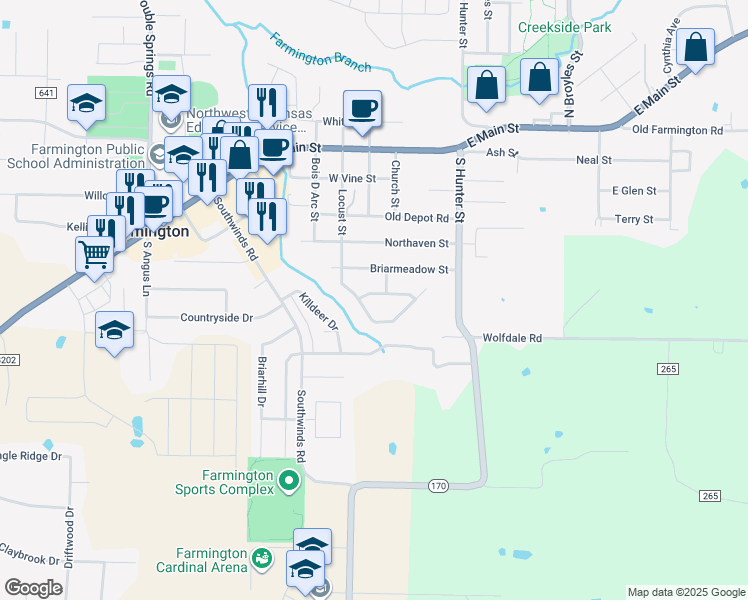 map of restaurants, bars, coffee shops, grocery stores, and more near in Farmington