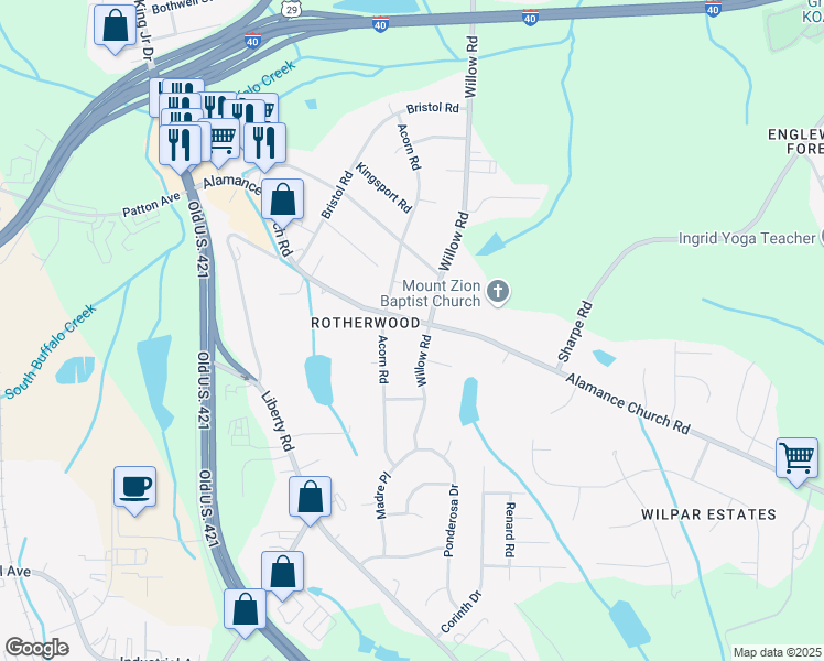 map of restaurants, bars, coffee shops, grocery stores, and more near in Greensboro