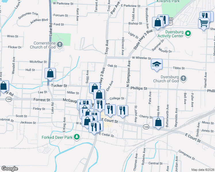 map of restaurants, bars, coffee shops, grocery stores, and more near 505 Elm Avenue in Dyersburg