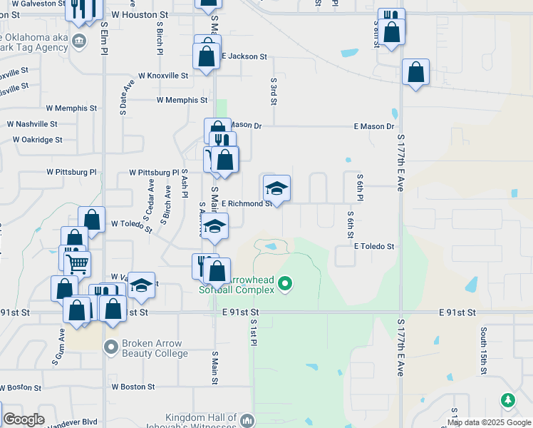 map of restaurants, bars, coffee shops, grocery stores, and more near 405 East Richmond Street in Broken Arrow