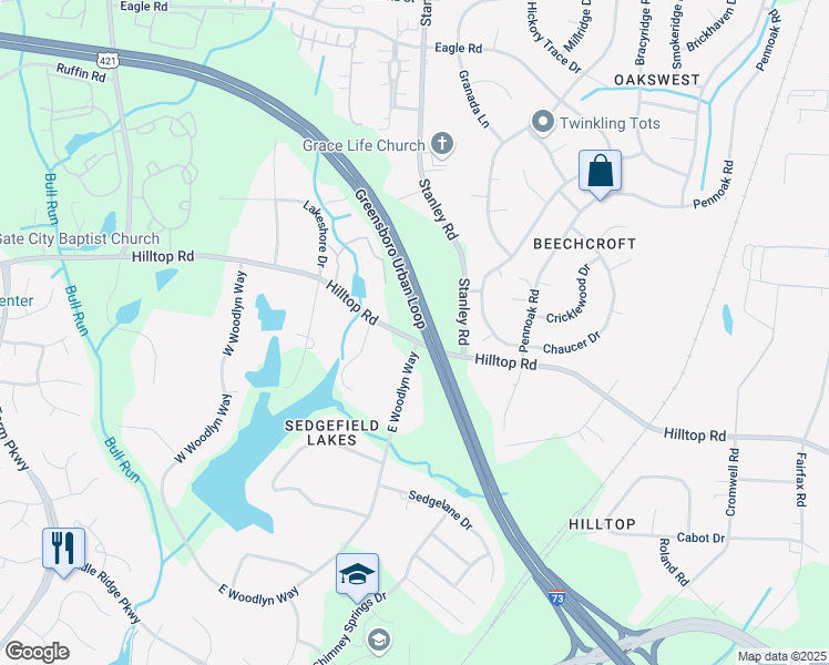 map of restaurants, bars, coffee shops, grocery stores, and more near 4902 Hilltop Road in Greensboro