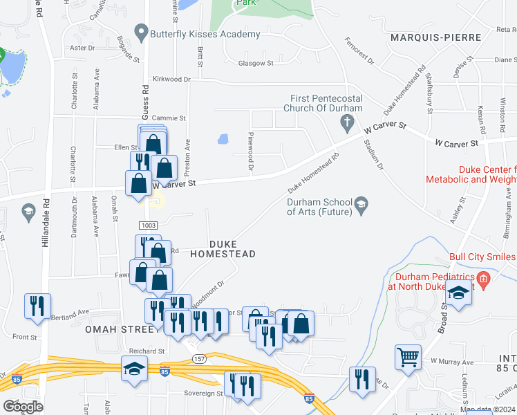 map of restaurants, bars, coffee shops, grocery stores, and more near 2833 Duke Homestead Road in Durham