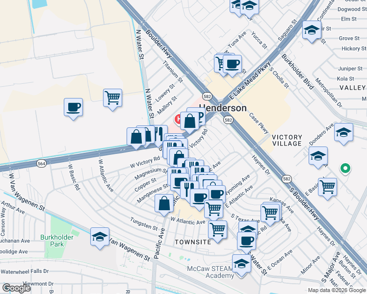 map of restaurants, bars, coffee shops, grocery stores, and more near 6 Utah Way in Henderson