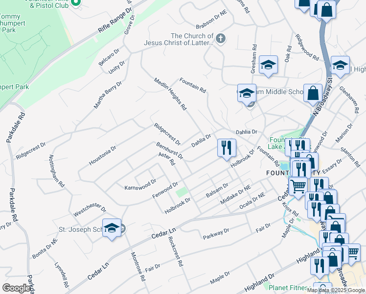 map of restaurants, bars, coffee shops, grocery stores, and more near 2405 Ridgecrest Drive in Knoxville