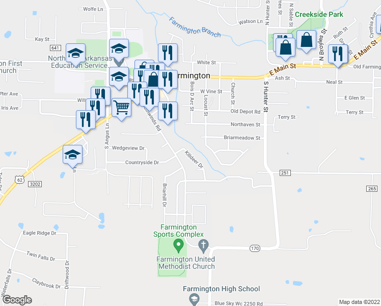 map of restaurants, bars, coffee shops, grocery stores, and more near 154 Killdeer Drive in Farmington