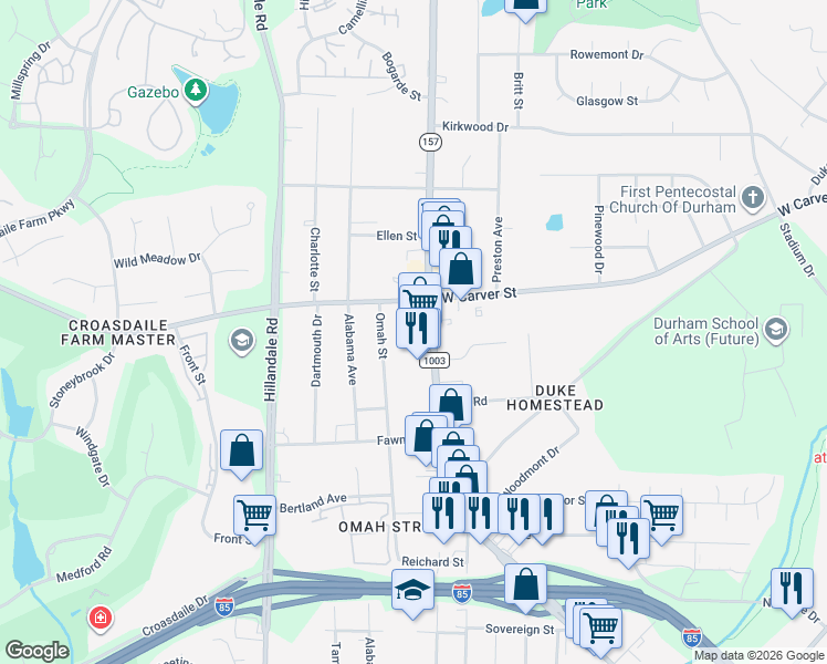 map of restaurants, bars, coffee shops, grocery stores, and more near in Durham