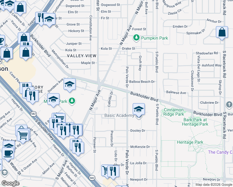 map of restaurants, bars, coffee shops, grocery stores, and more near 610 Brownlee Drive in Henderson