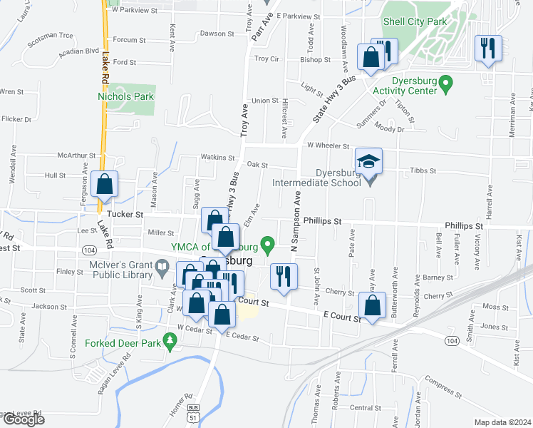 map of restaurants, bars, coffee shops, grocery stores, and more near 304 Phillips Street in Dyersburg