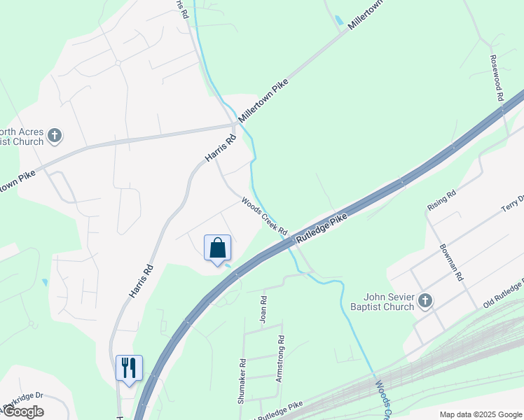 map of restaurants, bars, coffee shops, grocery stores, and more near 2108 Woods Creek Road in Knoxville