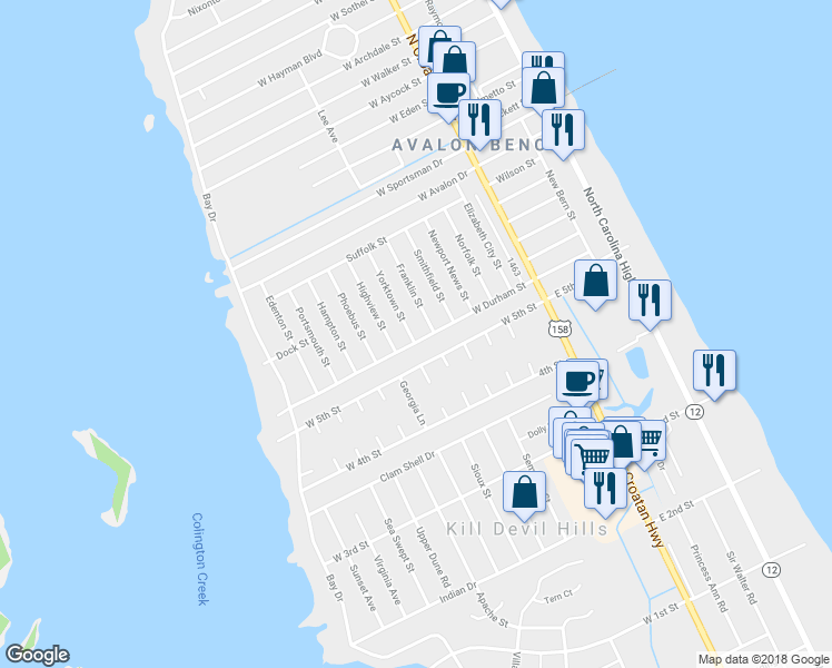 map of restaurants, bars, coffee shops, grocery stores, and more near 2003 Yorktown Street in Kill Devil Hills