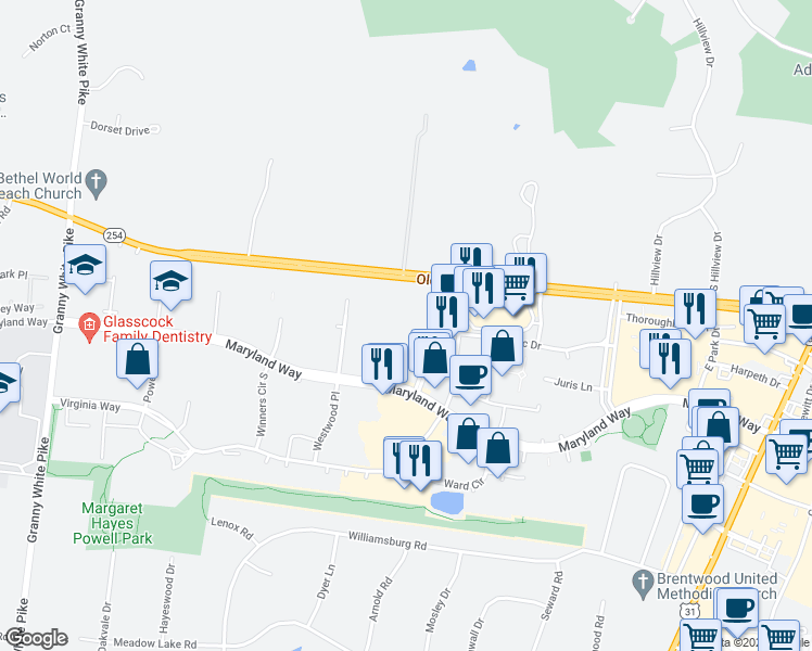 map of restaurants, bars, coffee shops, grocery stores, and more near 109 Westpark Drive in Brentwood