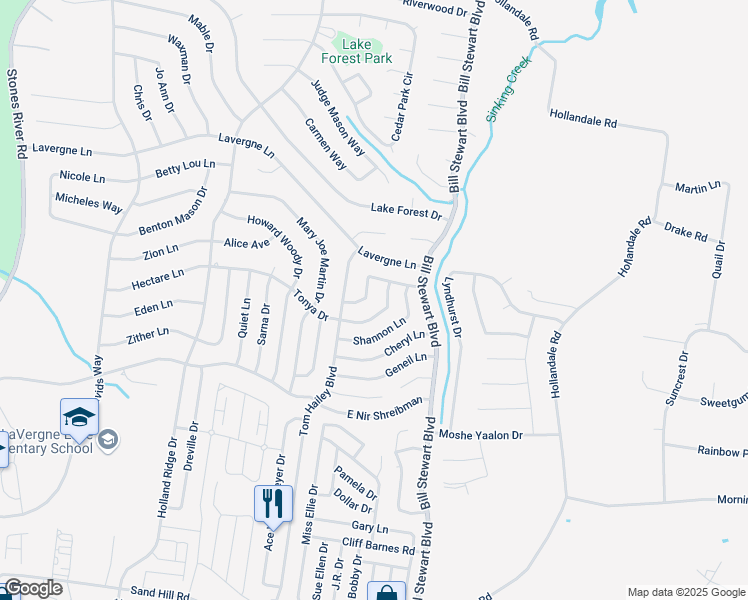 map of restaurants, bars, coffee shops, grocery stores, and more near 1119 Phelissa Drive in La Vergne