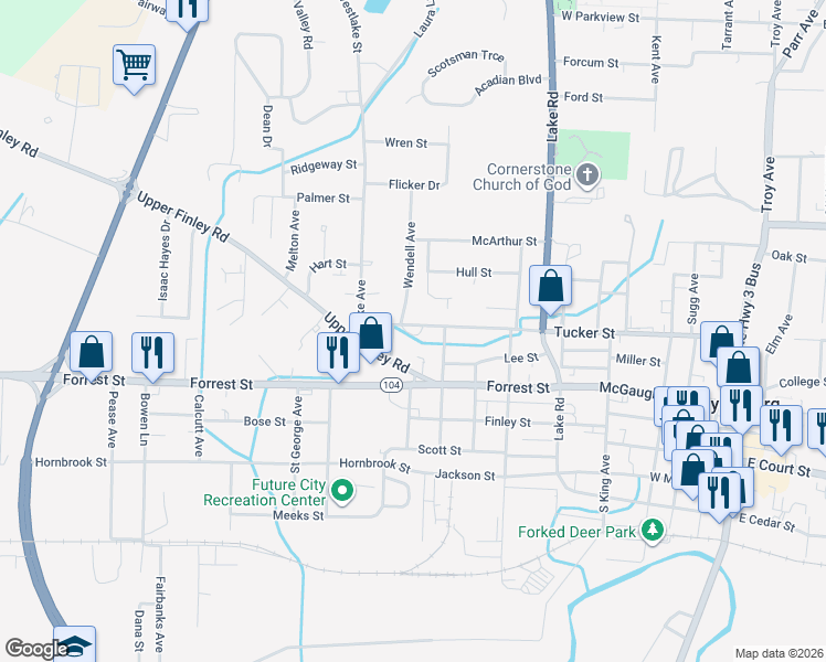 map of restaurants, bars, coffee shops, grocery stores, and more near 1005 Tucker Street in Dyersburg