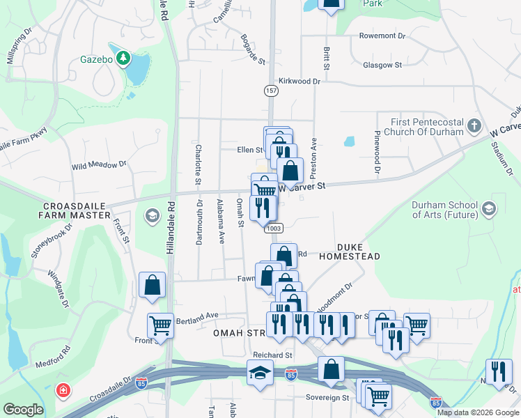 map of restaurants, bars, coffee shops, grocery stores, and more near in Durham