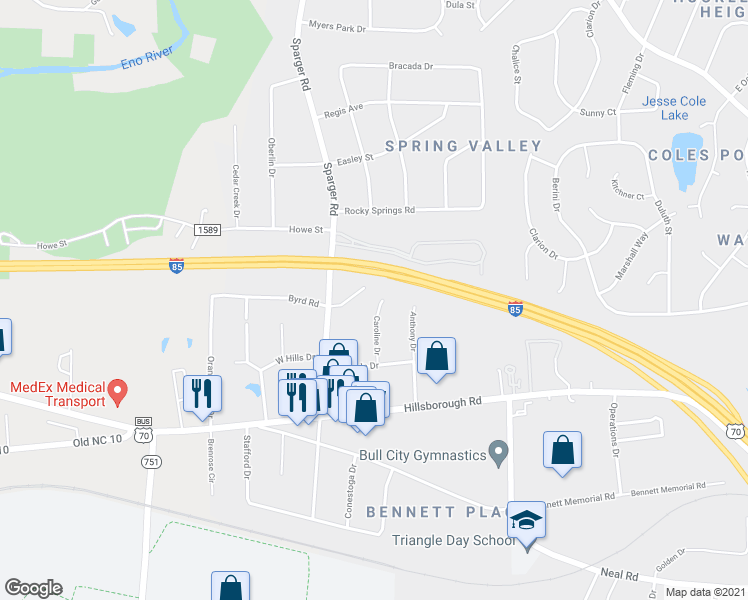 map of restaurants, bars, coffee shops, grocery stores, and more near 4602 Byrd Road in Durham