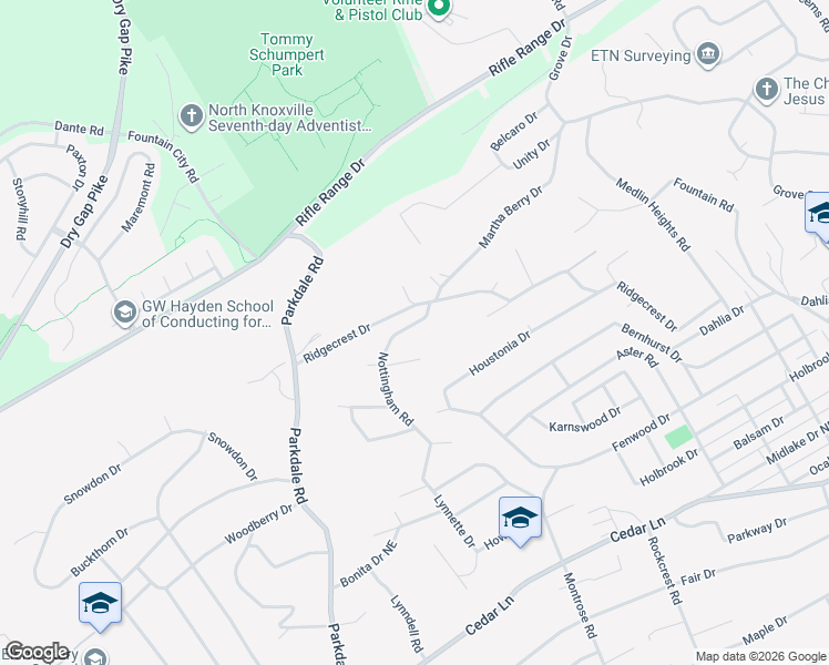 map of restaurants, bars, coffee shops, grocery stores, and more near 6025 Nottingham Road in Knoxville