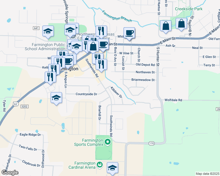 map of restaurants, bars, coffee shops, grocery stores, and more near 134 Killdeer Drive in Farmington