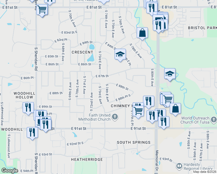 map of restaurants, bars, coffee shops, grocery stores, and more near 7413 East 88th Street in Tulsa
