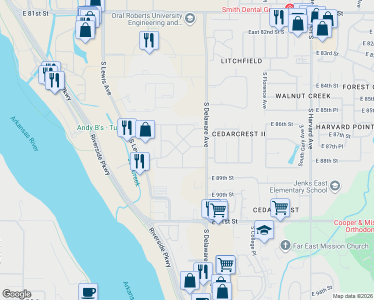 map of restaurants, bars, coffee shops, grocery stores, and more near 2702 East 88th Street in Tulsa